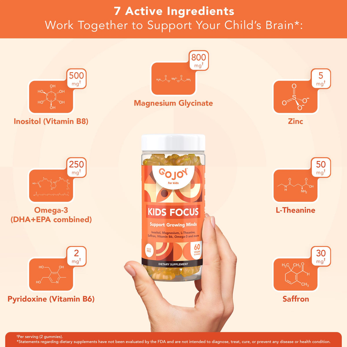 GOJOY NATURALS Kids Focus Gummies – Saffron, Magnesium Glycinate, L-Theanine & Inositol Supplement for Kids & Teens – Focus - FENGGESTORE20