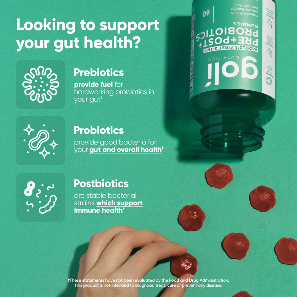 Goli Pre Pro Postbiotic Gummies - Worlds First 3-in-1 Formula with DE111 Probiotics, XOS Prebiotics, MCC1849 Postbiotics - Vegan, Non-GMO, - FENGGESTORE20