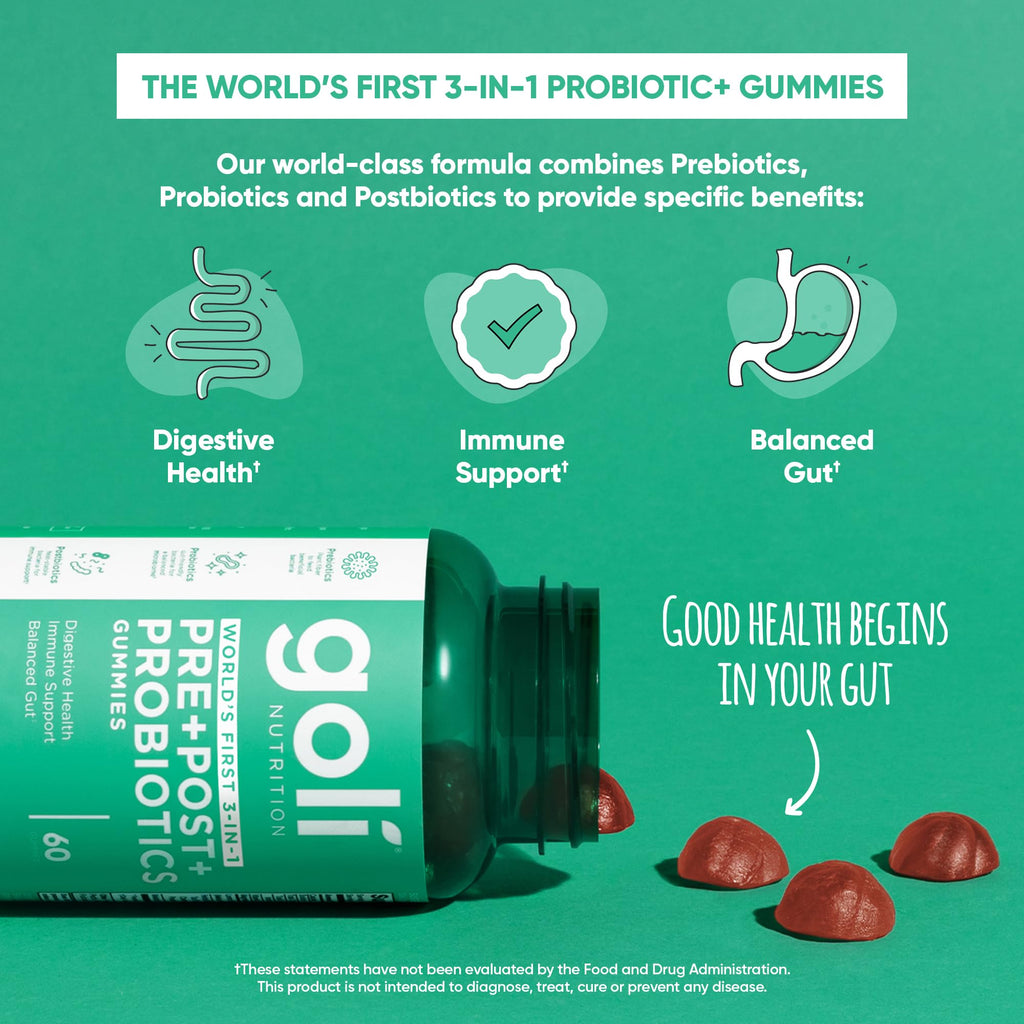 Goli Pre Pro Postbiotic Gummies - Worlds First 3-in-1 Formula with DE111 Probiotics, XOS Prebiotics, MCC1849 Postbiotics - Vegan, Non-GMO, Gluten-Free - FENGGESTORE20