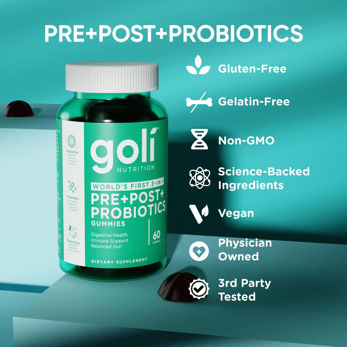 Goli Pre Pro Postbiotic Gummies - Worlds First 3-in-1 Formula with DE111 Probiotics, XOS Prebiotics, MCC1849 Postbiotics - Vegan, Non-GMO, Gluten-Free - FENGGESTORE20