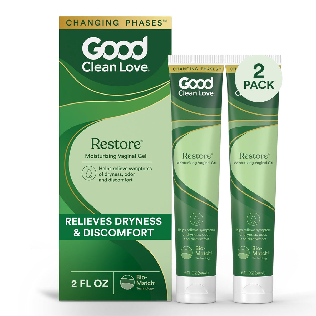 Good Clean Love Restore Moisturizing Vaginal Gel, pH-Balanced Vaginal Moisturizer, Water-Based Feminine Care with Aloe Vera & Lactic Acid, Reduces Dryness, Discomfort & Odor for Women, 2 Oz (2-Pack) - FENGGESTORE20