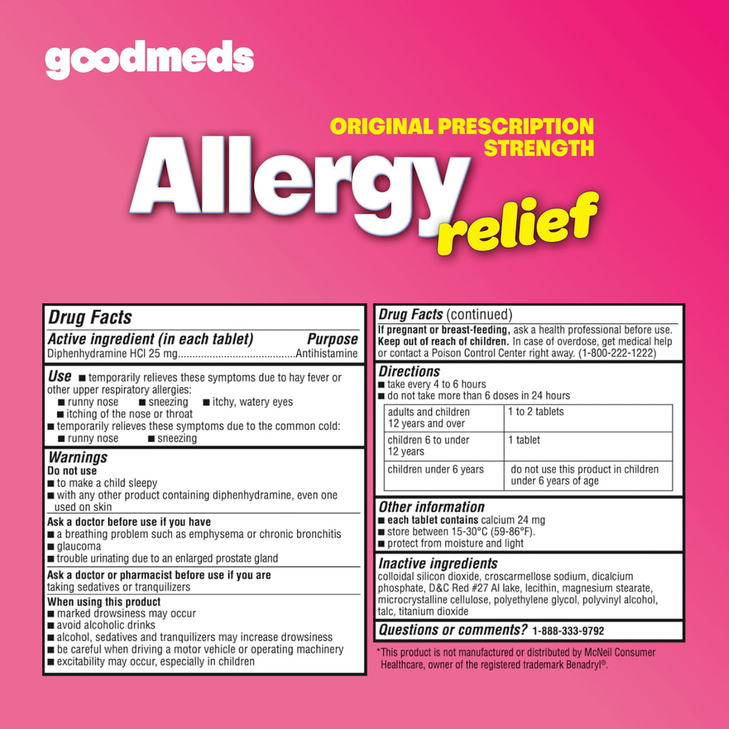 GoodMeds Allergy Medicine Antihistamine, Diphenhydramine HCl 25 mg | Children and Adults | Relieve Itchy Eyes, Runny Nose, Sneezing (25 mg, 600 Tablets) - FENGGESTORE20