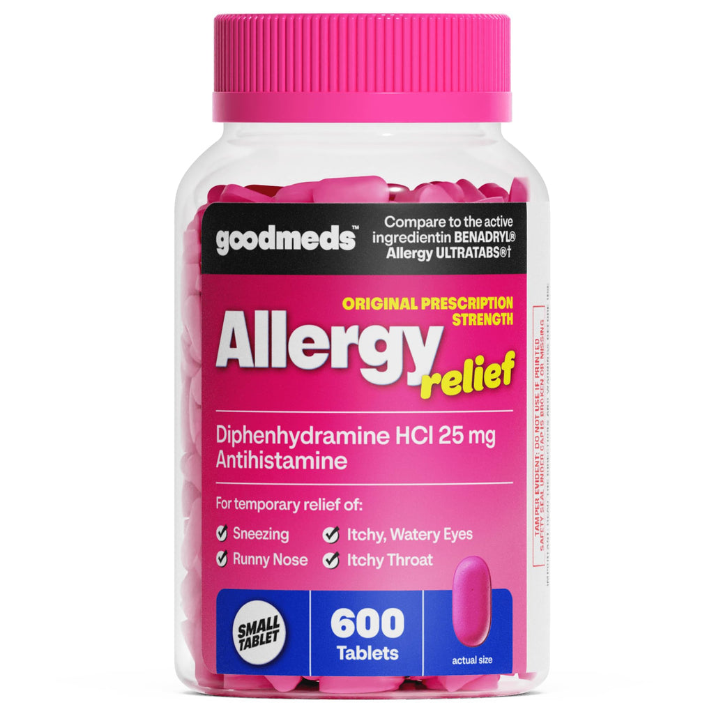 GoodMeds Allergy Medicine Antihistamine, Diphenhydramine HCl 25 mg | Children and Adults | Relieve Itchy Eyes, Runny Nose, Sneezing (25 mg, 600 Tablets) - FENGGESTORE20
