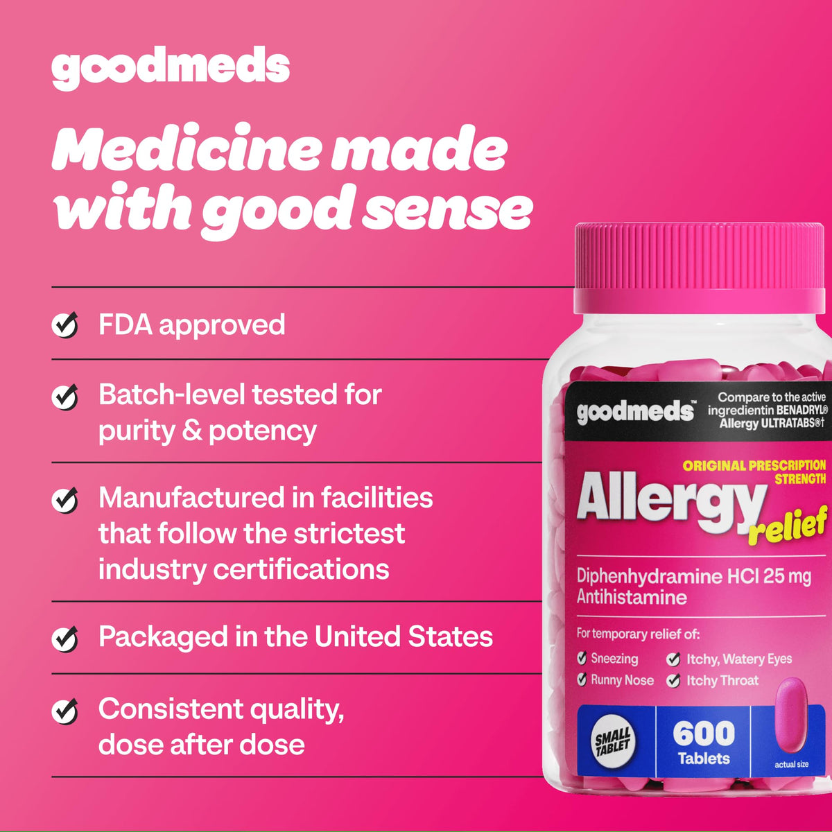 GoodMeds Allergy Medicine Antihistamine, Diphenhydramine HCl 25 mg | Children and Adults | Relieve Itchy Eyes, Runny Nose, Sneezing (25 mg, 600 Tablets) - FENGGESTORE20