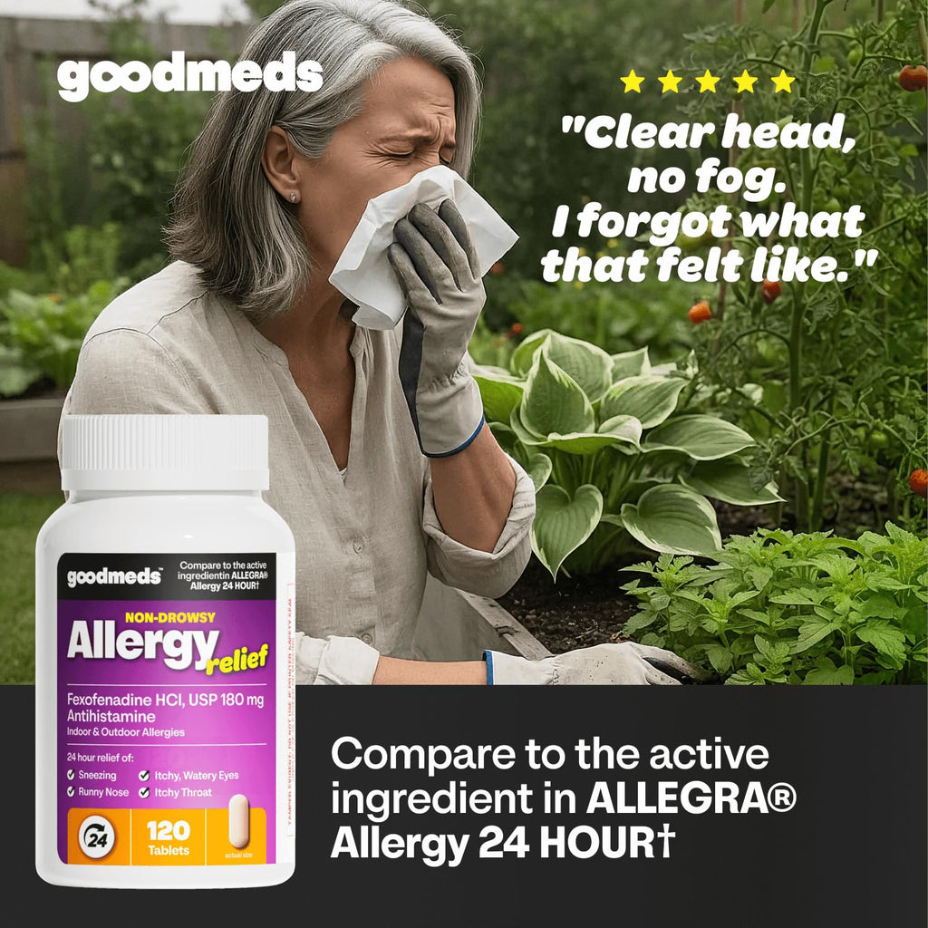 GoodMeds Compare to Allegra | Fexofenadine HCl 180mg | 24-Hour Allergy Relief, Non-Drowsy Antihistamine Generic Medicine for Allergies, Hay Fever, Itchy Eyes | for Kids & Adults (120 Count) - FENGGESTORE20