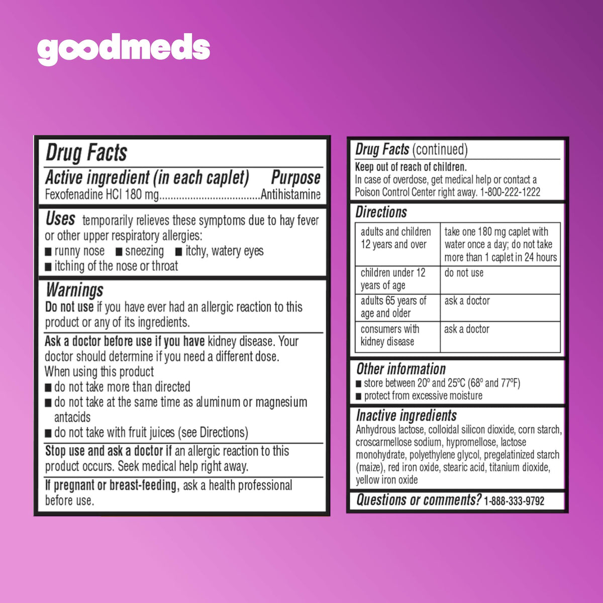 GoodMeds Compare to Allegra | Fexofenadine HCl 180mg | 24-Hour Allergy Relief, Non-Drowsy Antihistamine Generic Medicine for Allergies, Hay Fever, Itchy Eyes | for Kids & Adults (120 Count) - FENGGESTORE20