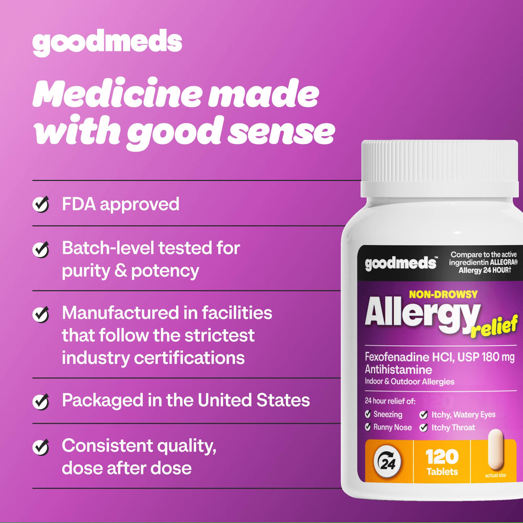 GoodMeds Compare to Allegra | Fexofenadine HCl 180mg | 24-Hour Allergy Relief, Non-Drowsy Antihistamine Generic Medicine for Allergies, Hay Fever, Itchy Eyes | for Kids & Adults (120 Count) - FENGGESTORE20