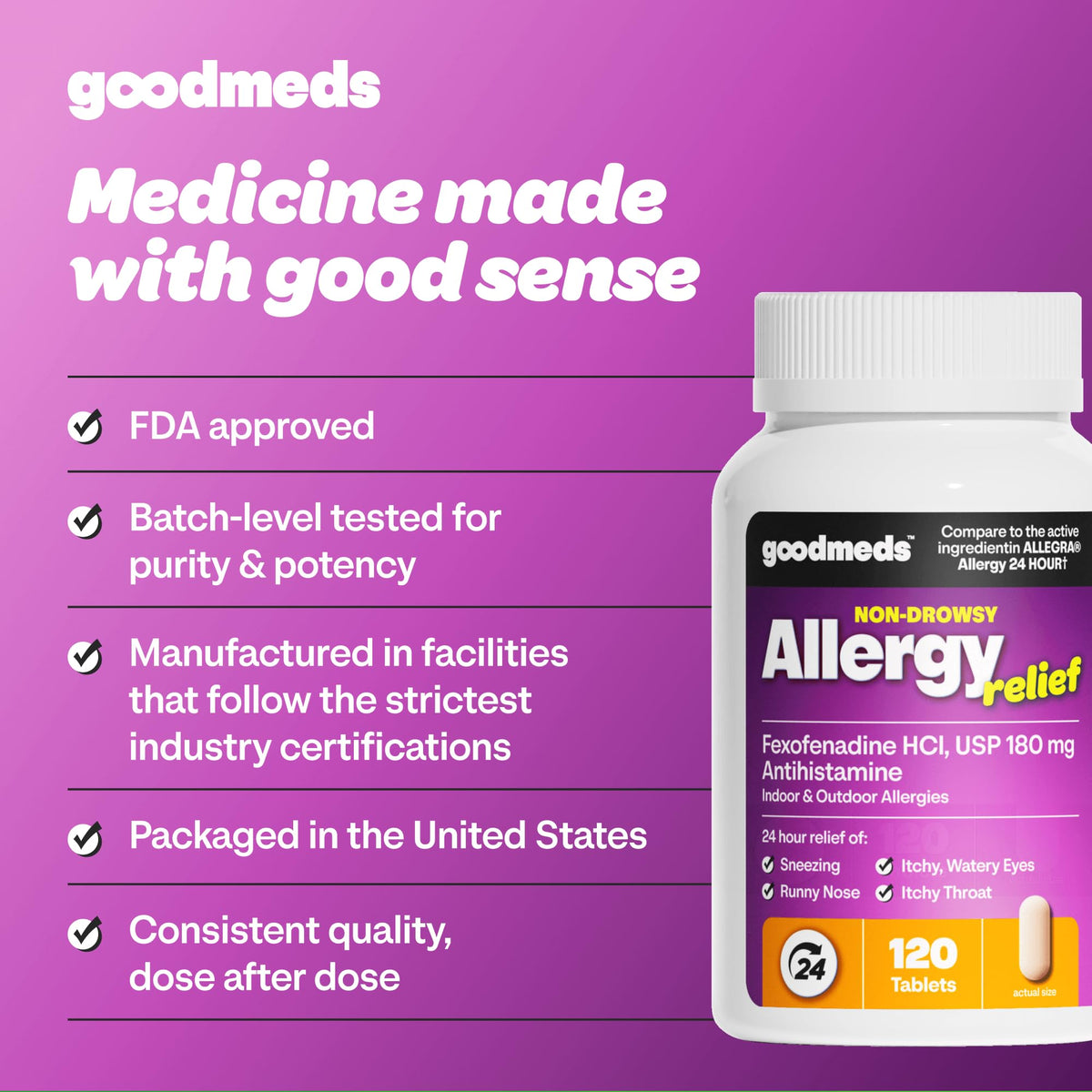 GoodMeds Compare to Allegra | Fexofenadine HCl 180mg | 24-Hour Allergy Relief, Non-Drowsy Antihistamine Generic Medicine for Allergies, Hay Fever, Itchy Eyes | for Kids & Adults (120 Count) - FENGGESTORE20
