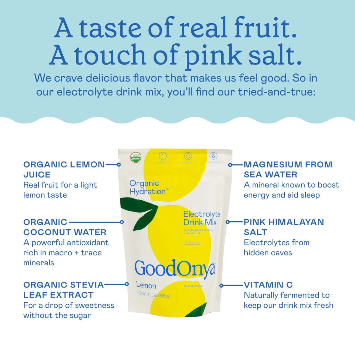 GOODONYA Organic Hydration Electrolyte Drink Mix, Certified Organic Hydration Powder, Non-GMO, Biochecked Glyphosate Free, Low Sugar, Lemonade Flavor, - FENGGESTORE20