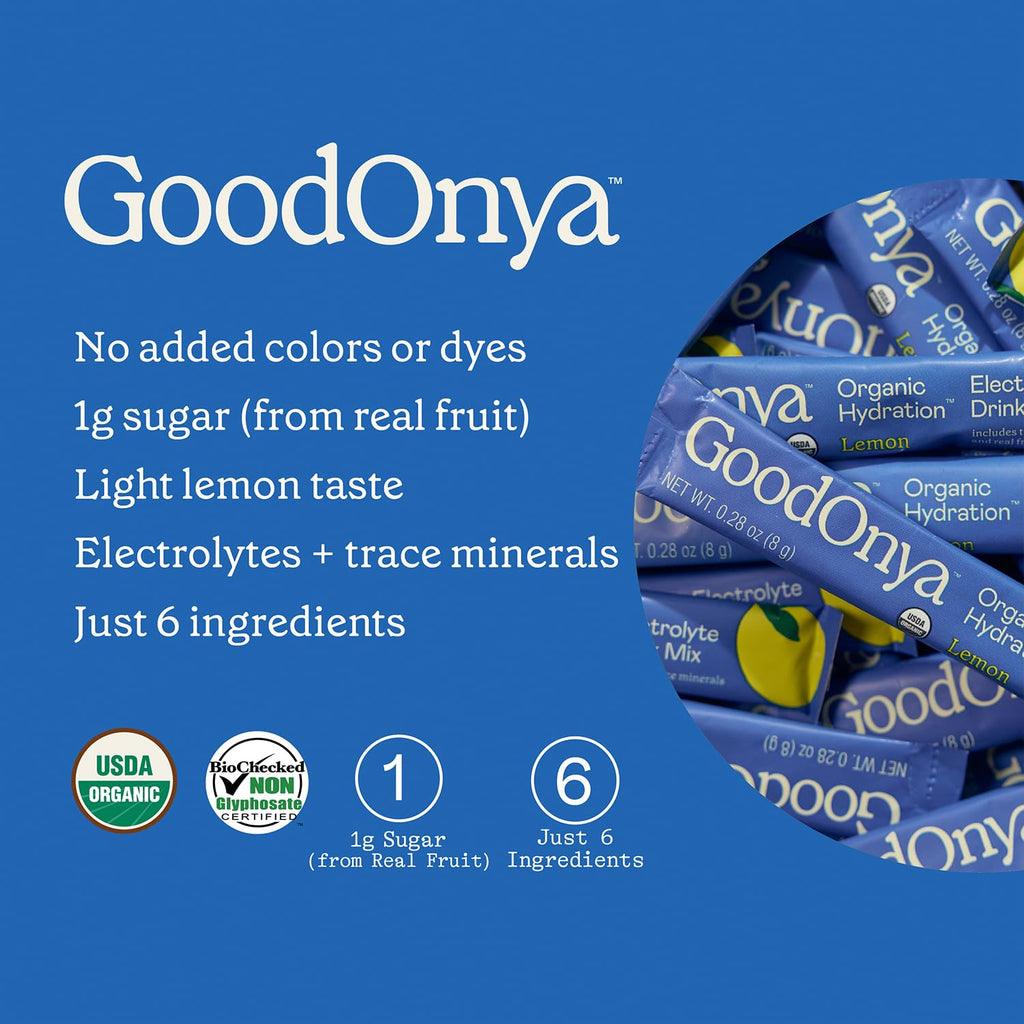 GOODONYA Organic Hydration Electrolyte Drink Mix, Certified Organic Hydration Powder, Non-GMO, Biochecked Glyphosate Free, Low Sugar, Lemonade Flavor, No Artificial Flavors,12 Stick Packs - FENGGESTORE20