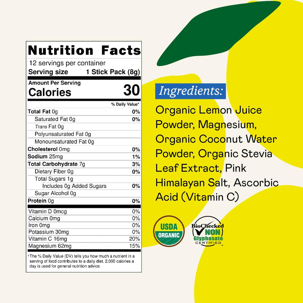 GOODONYA Organic Hydration Electrolyte Drink Mix, Certified Organic Hydration Powder, Non-GMO, Biochecked Glyphosate Free, Low Sugar, Lemonade Flavor, No Artificial Flavors,12 Stick Packs - FENGGESTORE20