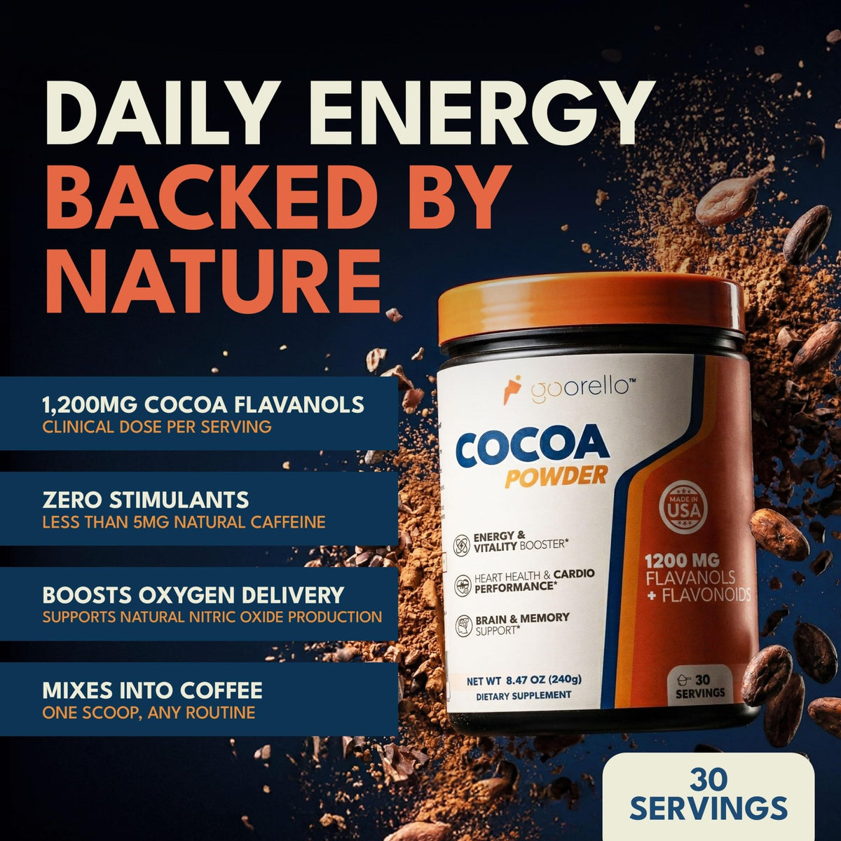 goorello High Flavanol Cocoa Powder Supplement, 1200mg Cocoa Flavanols & Flavonoids, 30 Servings for Support Heart Health, - FENGGESTORE20