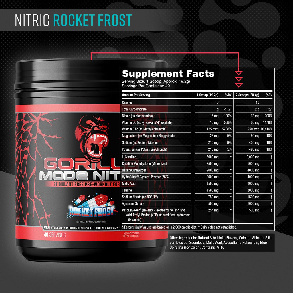 Gorilla Mode Nitric Upgraded Stimulant Free Pre-Workout – Best Tasting and Most Effective Stimulant Free Pre-Workout/Massive Pumps · Vasodilation · Power / 768 Grams (Rocket Frost) - FENGGESTORE20