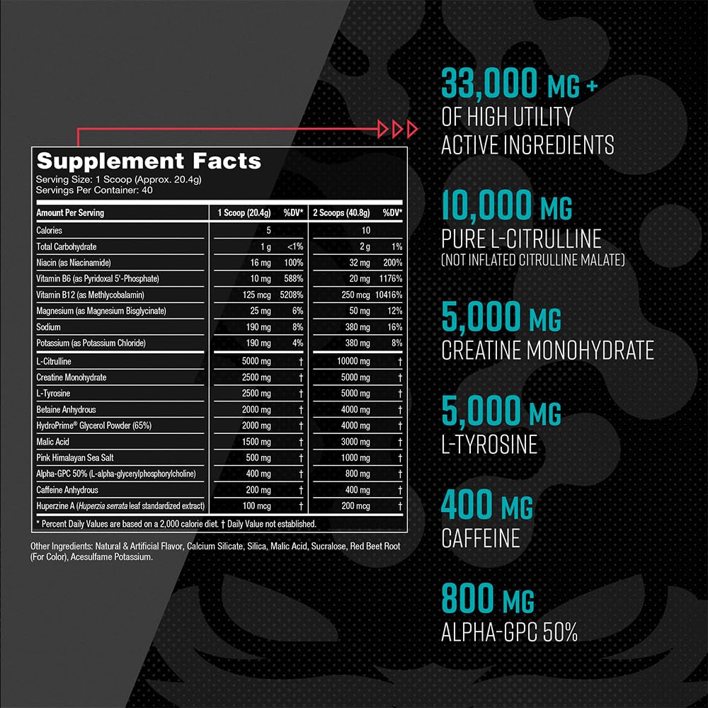 Gorilla Mode Pre Workout - Massive Pumps · Laser Focus · Energy · Power - L-Citrulline, Creatine, L-Tyrosine, Betaine, Hydroprime®, Alpha-GPC, 400mg Caffeine, Huperzine A - 792g (Rocket Frost) - FENGGESTORE20