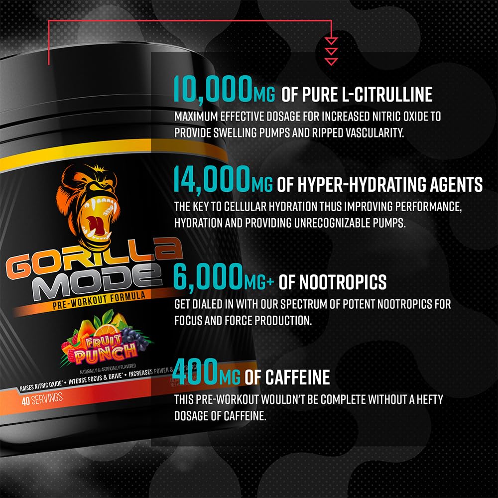 Gorilla Mode Pre Workout - Massive Pumps · Laser Focus · Energy · Power - L-Citrulline, Creatine, L-Tyrosine, Betaine, Hydroprime®, Alpha-GPC, 400mg Caffeine, Huperzine A - 792g (Rocket Frost) - FENGGESTORE20