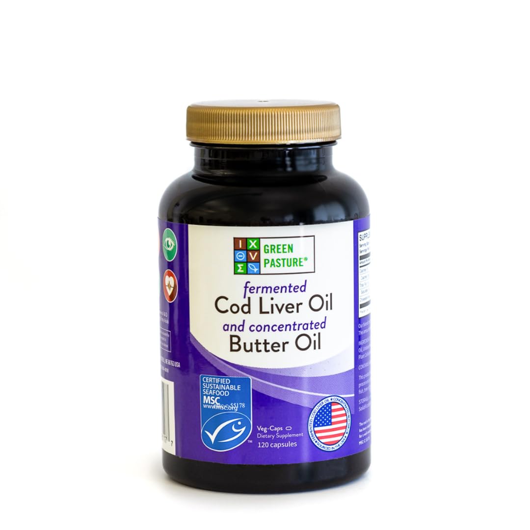 Green Pasture Fermented Cod Liver Oil & Butter Oil Blend - Wild Alaska Cod, Vitamins A & D, Omega-3-6-9, MSC Certified, 120 Capsules - FENGGESTORE20