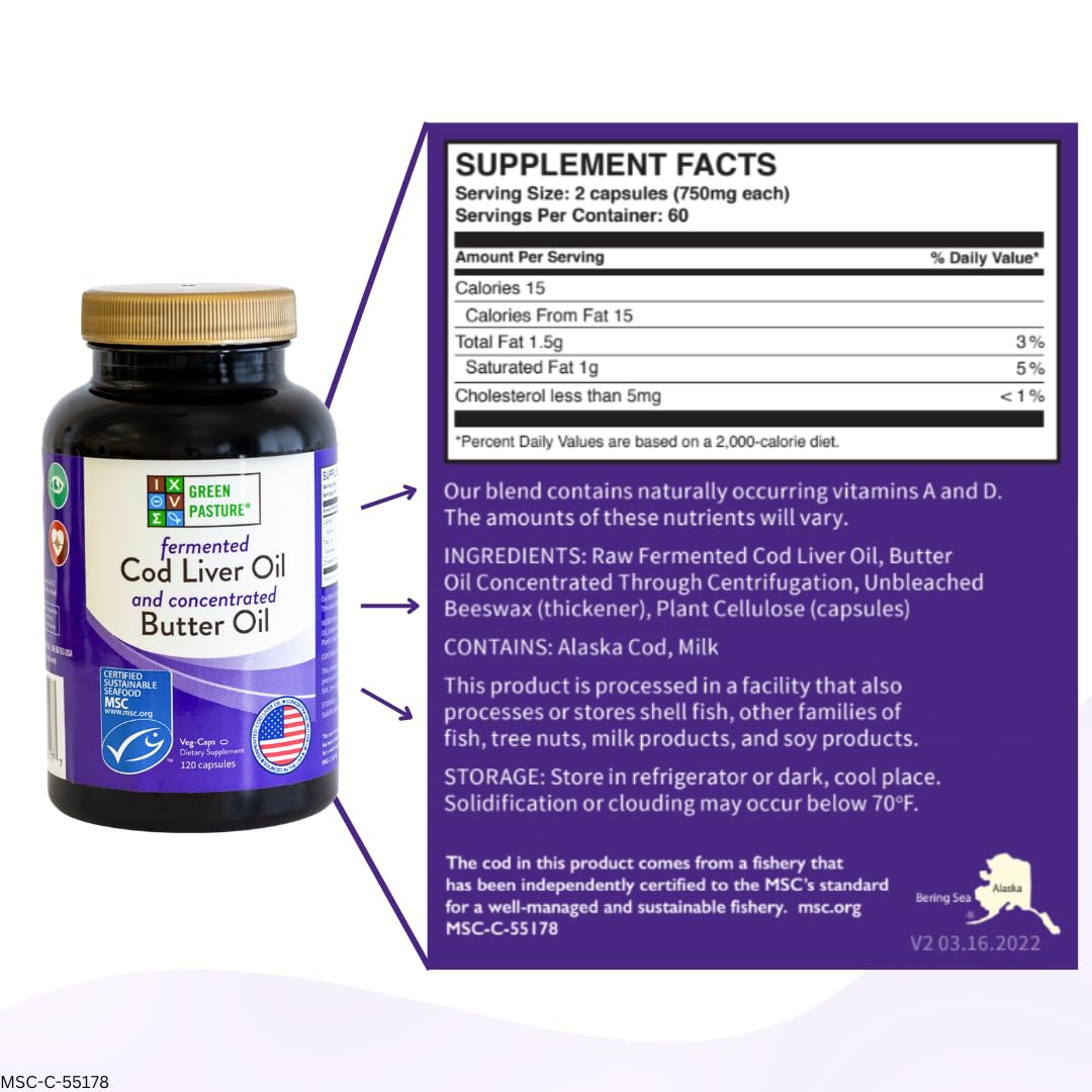 Green Pasture Fermented Cod Liver Oil & Butter Oil Blend - Wild Alaska Cod, Vitamins A & D, Omega-3-6-9, MSC Certified, 120 Capsules - FENGGESTORE20
