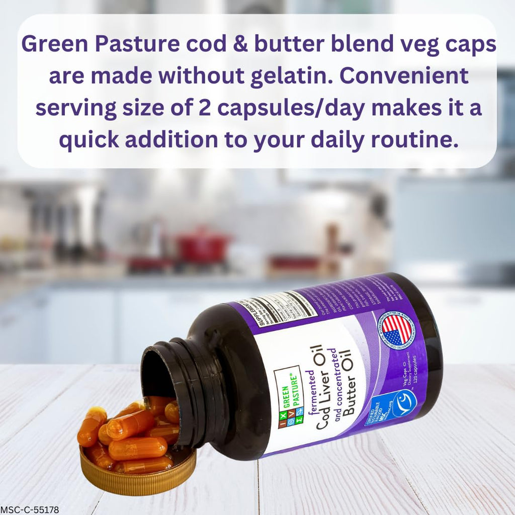 Green Pasture Fermented Cod Liver Oil & Butter Oil Blend - Wild Alaska Cod, Vitamins A & D, Omega-3-6-9, MSC Certified, 120 Capsules - FENGGESTORE20