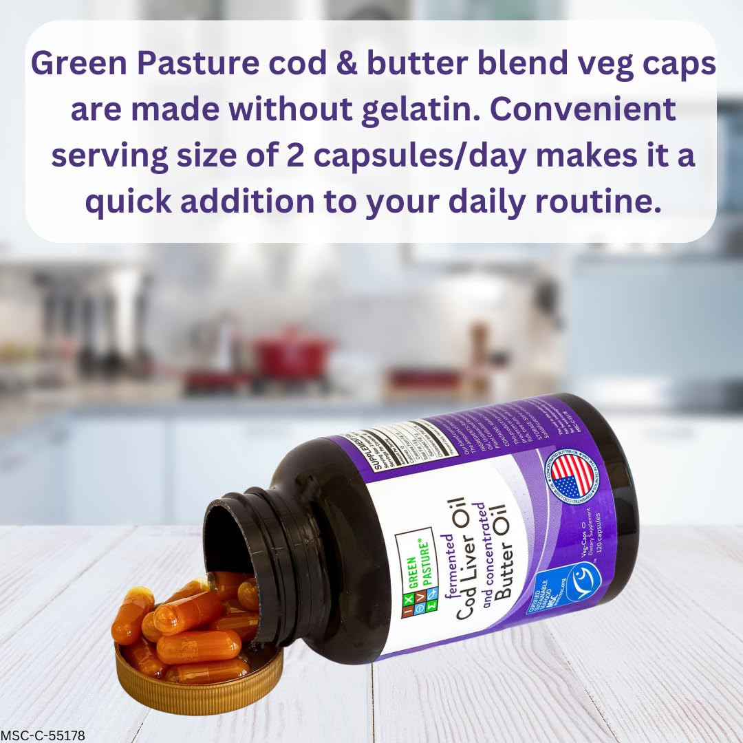 Green Pasture Fermented Cod Liver Oil & Butter Oil Blend - Wild Alaska Cod, Vitamins A & D, Omega-3-6-9, MSC Certified, 120 Capsules - FENGGESTORE20