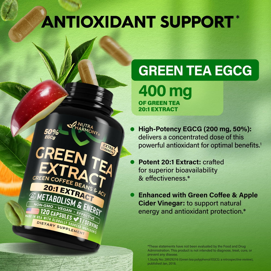 Green Tea Extract - 50% EGCG, Extra Strength 20:1 Extract - Natural Green Tea Supplement + Green Coffee Beans & Apple Cider Vinegar - Energy & Metabolism Support - FENGGESTORE20