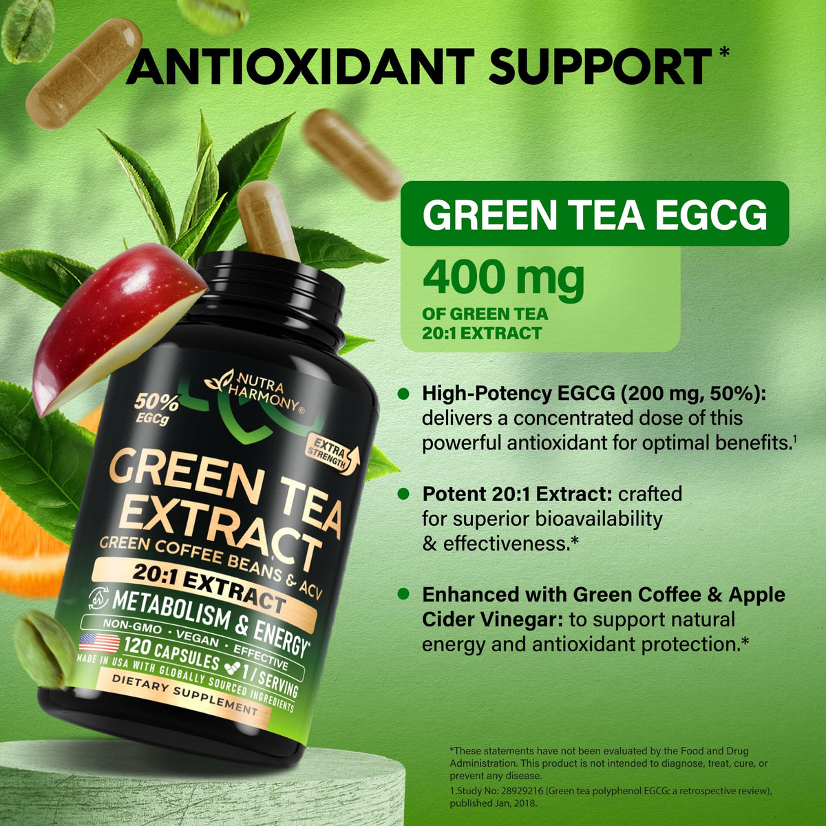 Green Tea Extract - 50% EGCG, Extra Strength 20:1 Extract - Natural Green Tea Supplement + Green Coffee Beans & Apple Cider Vinegar - Energy & Metabolism Support - FENGGESTORE20