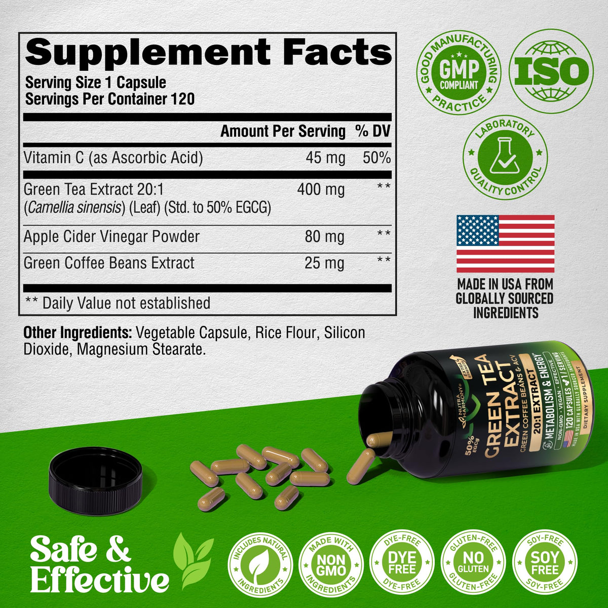 Green Tea Extract - 50% EGCG, Extra Strength 20:1 Extract - Natural Green Tea Supplement + Green Coffee Beans & Apple Cider Vinegar - Energy & Metabolism Support - FENGGESTORE20
