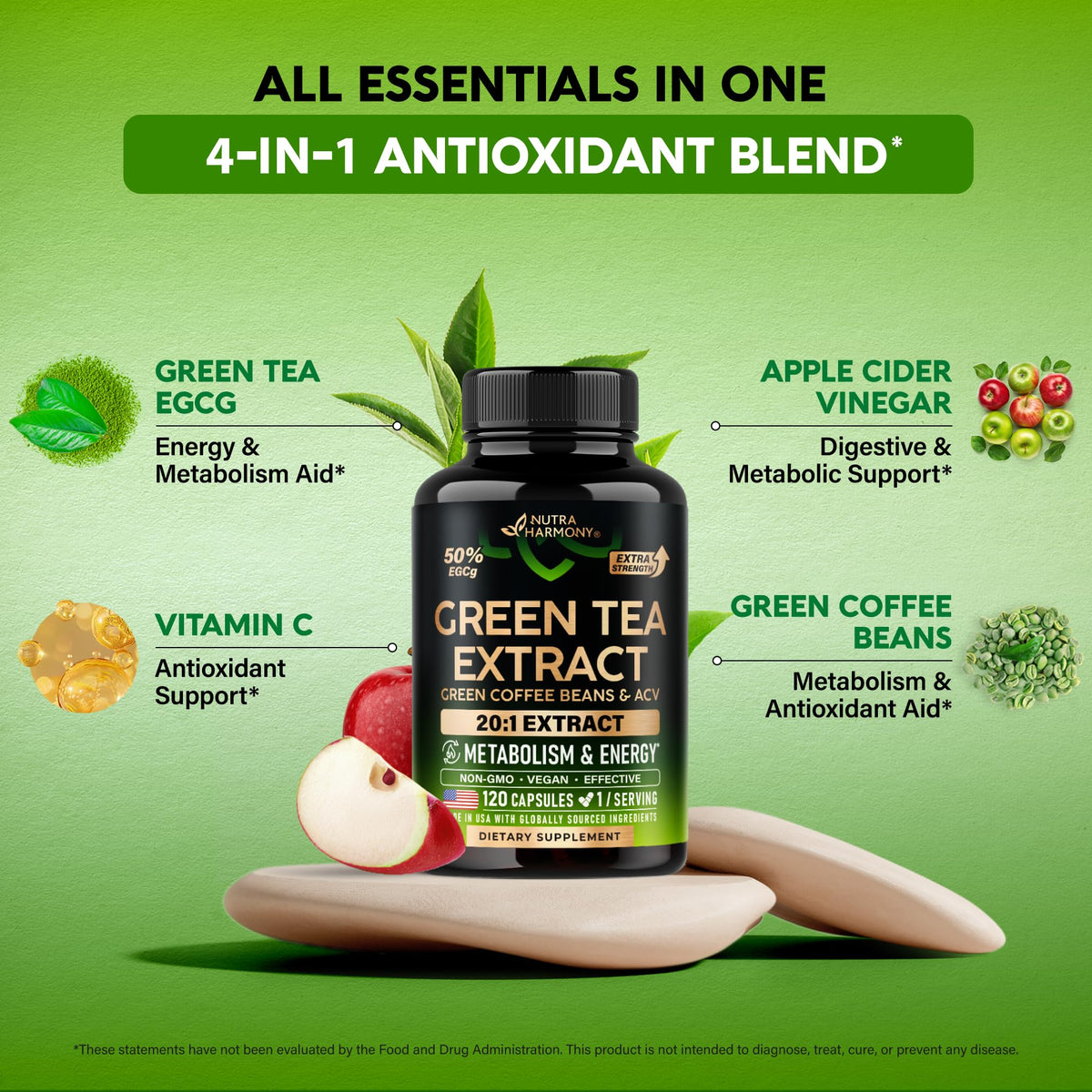Green Tea Extract - 50% EGCG, Extra Strength 20:1 Extract - Natural Green Tea Supplement + Green Coffee Beans & Apple Cider Vinegar - Energy & Metabolism Support - FENGGESTORE20