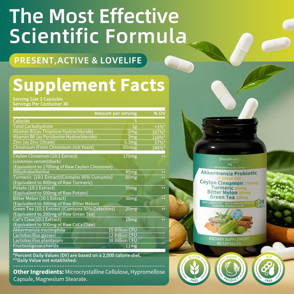 GREENPEOPLE Akkermansia Probiotics 15B CFU for Gut Function, 60CT Probiotics Supplement with Ceylon Cinnamon, Turmeric | Digestive Health & Metabolic Support - FENGGESTORE20