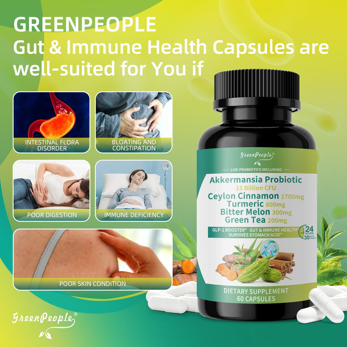 GREENPEOPLE Akkermansia Probiotics 15B CFU for Gut Function, 60CT Probiotics Supplement with Ceylon Cinnamon, Turmeric | Digestive Health & Metabolic Support - FENGGESTORE20
