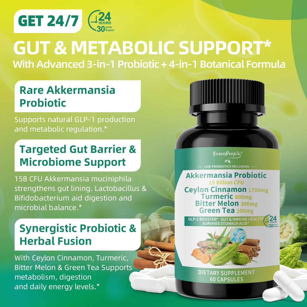 GREENPEOPLE Akkermansia Probiotics 15B CFU for Gut Function, 60CT Probiotics Supplement with Ceylon Cinnamon, Turmeric | Digestive Health & Metabolic Support - FENGGESTORE20