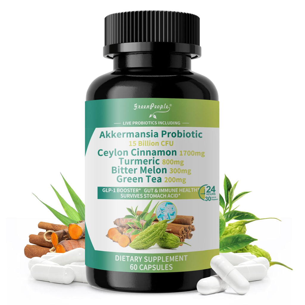 GREENPEOPLE Akkermansia Probiotics 15B CFU for Gut Function, 60CT Probiotics Supplement with Ceylon Cinnamon, Turmeric | Digestive Health & Metabolic Support - FENGGESTORE20