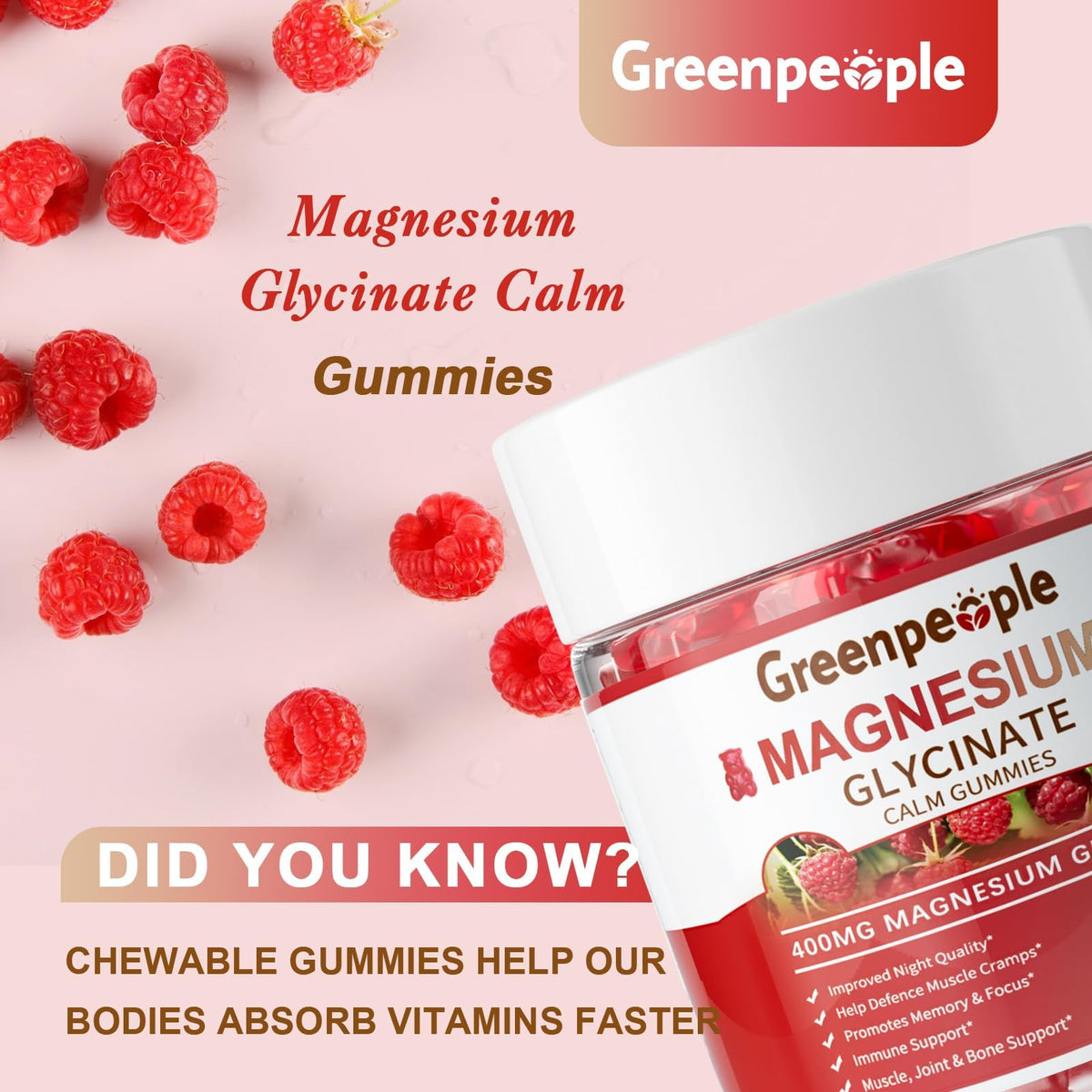 GREENPEOPLE Magnesium Glycinate Gummies 400mg - Sugar Free Magnesium Supplement with Magnesio Citrate, Vitamin D, and B6 for Calm Support & Sleep for Adults - FENGGESTORE20