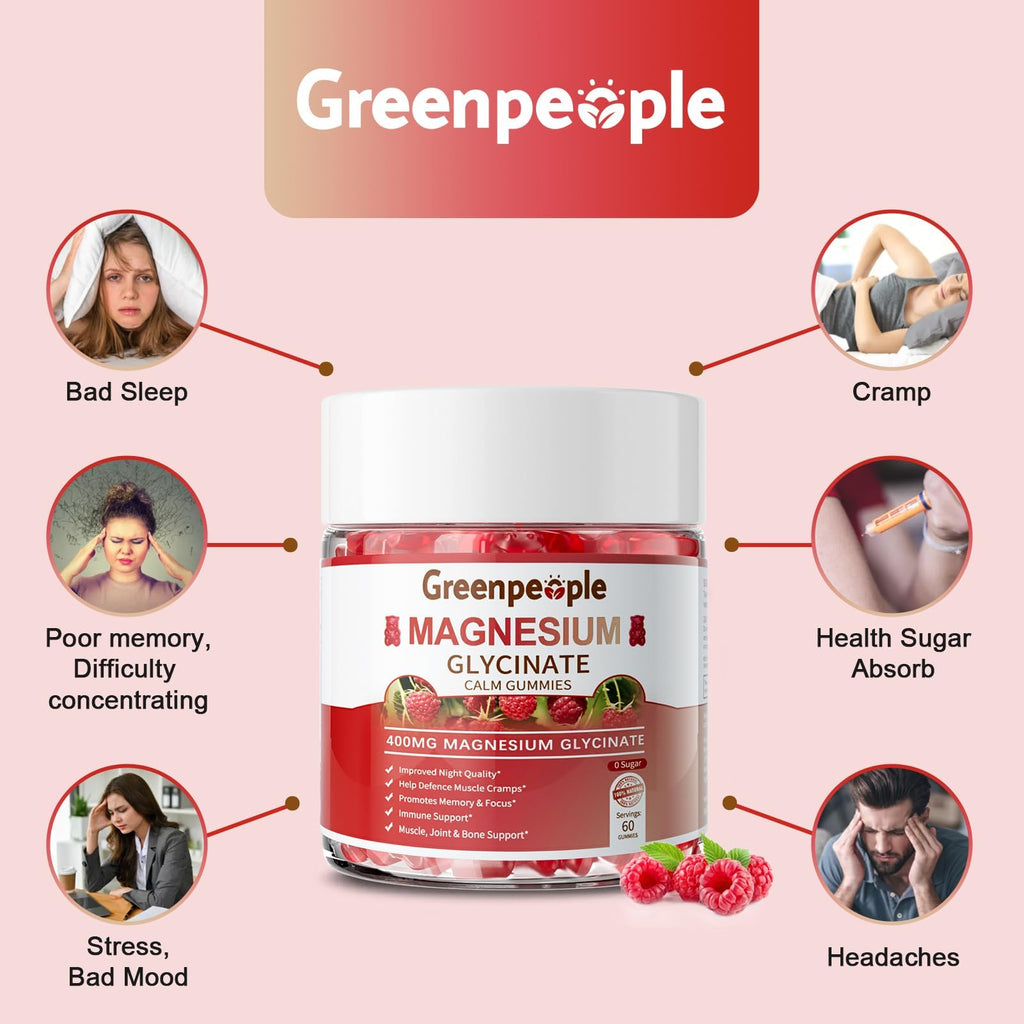 GREENPEOPLE Magnesium Glycinate Gummies 400mg - Sugar Free Magnesium Supplement with Magnesio Citrate, Vitamin D, and B6 for Calm Support & Sleep for Adults - FENGGESTORE20