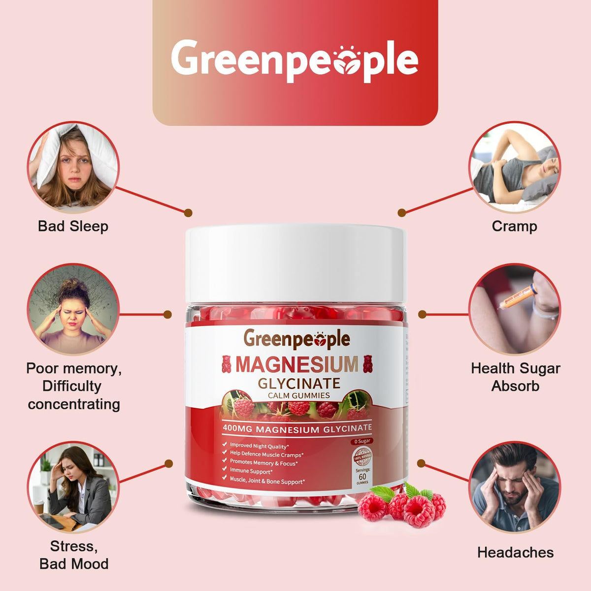 GREENPEOPLE Magnesium Glycinate Gummies 400mg - Sugar Free Magnesium Supplement with Magnesio Citrate, Vitamin D, and B6 for Calm Support & Sleep for Adults - FENGGESTORE20