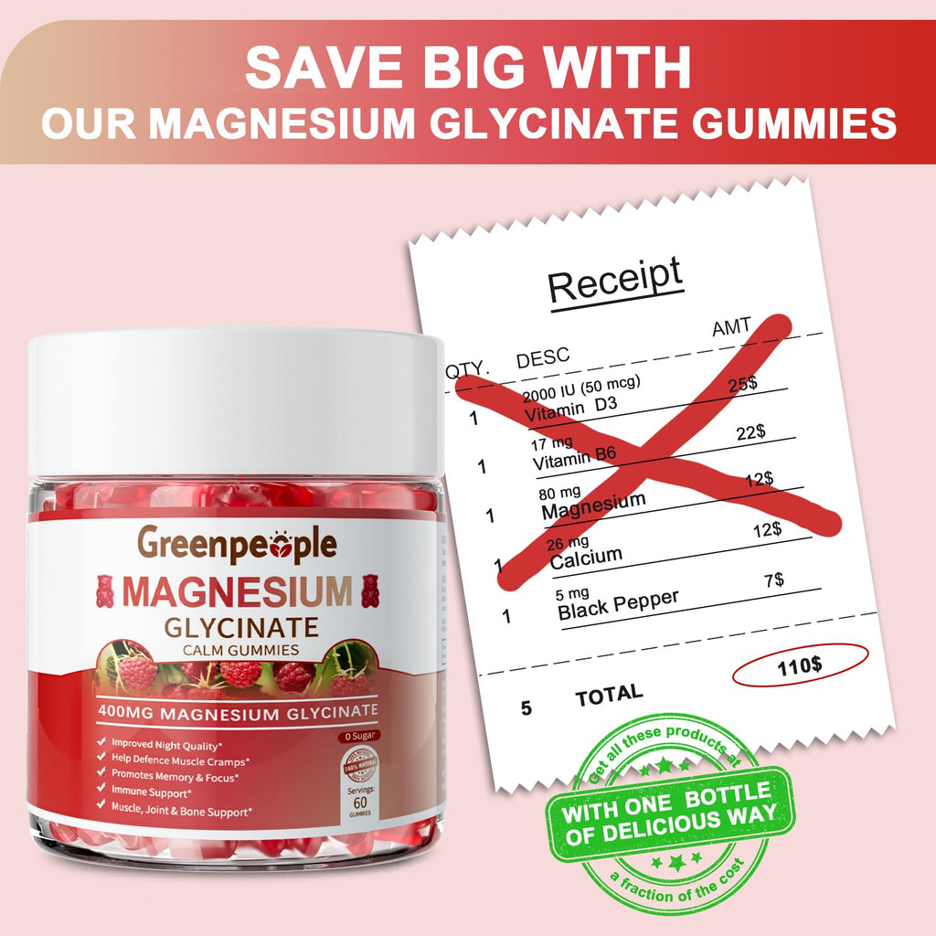 GREENPEOPLE Magnesium Glycinate Gummies 400mg - Sugar Free Magnesium Supplement with Magnesio Citrate, Vitamin D, and B6 for Calm Support & Sleep for Adults - FENGGESTORE20