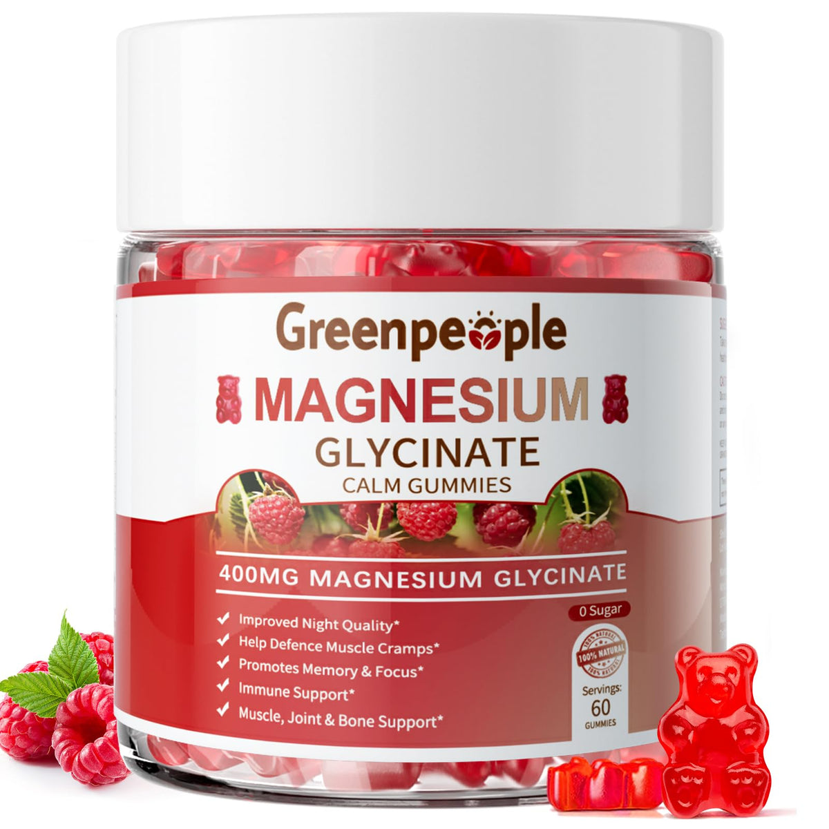 GREENPEOPLE Magnesium Glycinate Gummies 400mg - Sugar Free Magnesium Supplement with Magnesio Citrate, Vitamin D, and B6 for Calm Support & Sleep for Adults - FENGGESTORE20