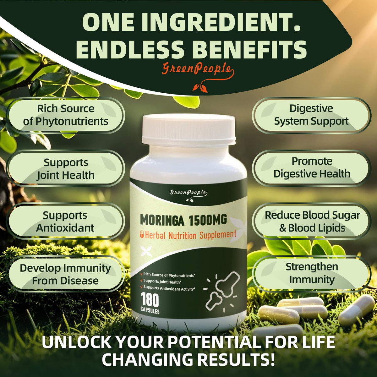 GREENPEOPLE Whole-Leaf Moringa Capsules 1500mg - High Potency 10:1 Moringa Oleifera Leaf Extract - Natural Green Superfood for Energy & Immune Support - FENGGESTORE20