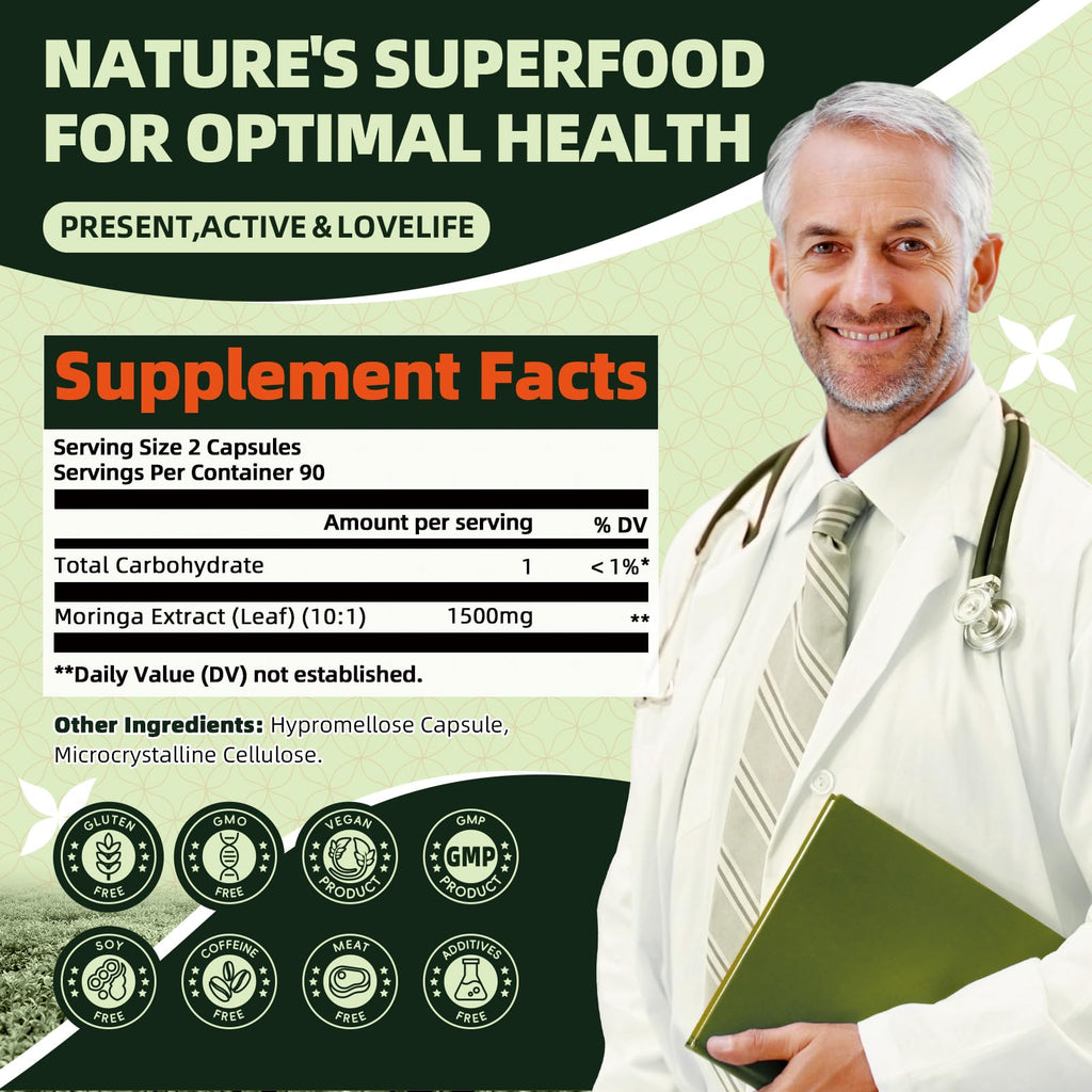 GREENPEOPLE Whole-Leaf Moringa Capsules 1500mg - High Potency 10:1 Moringa Oleifera Leaf Extract - Natural Green Superfood for Energy & Immune Support - FENGGESTORE20