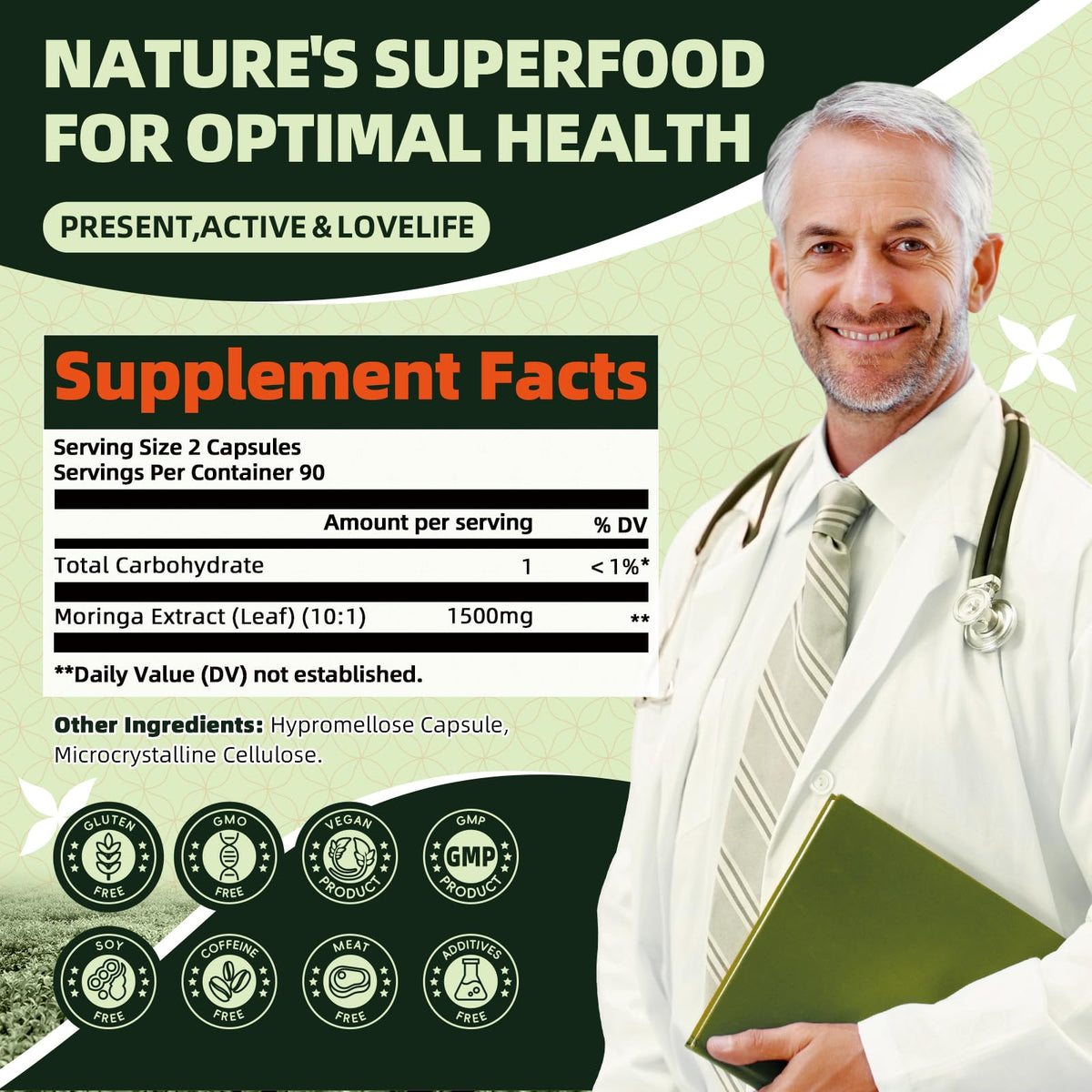 GREENPEOPLE Whole-Leaf Moringa Capsules 1500mg - High Potency 10:1 Moringa Oleifera Leaf Extract - Natural Green Superfood for Energy & Immune Support - FENGGESTORE20