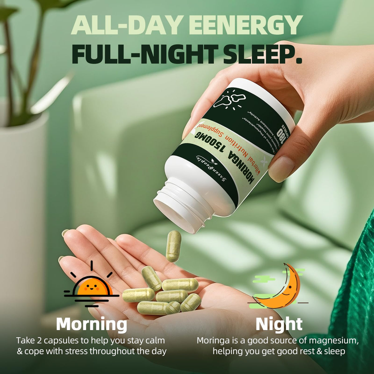 GREENPEOPLE Whole-Leaf Moringa Capsules 1500mg - High Potency 10:1 Moringa Oleifera Leaf Extract - Natural Green Superfood for Energy & Immune Support - FENGGESTORE20