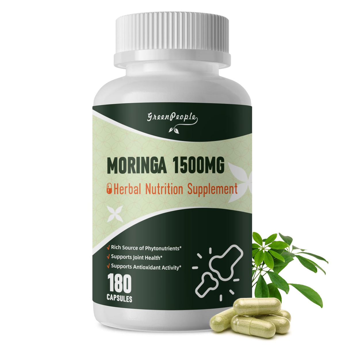 GREENPEOPLE Whole-Leaf Moringa Capsules 1500mg - High Potency 10:1 Moringa Oleifera Leaf Extract - Natural Green Superfood for Energy & Immune Support - FENGGESTORE20