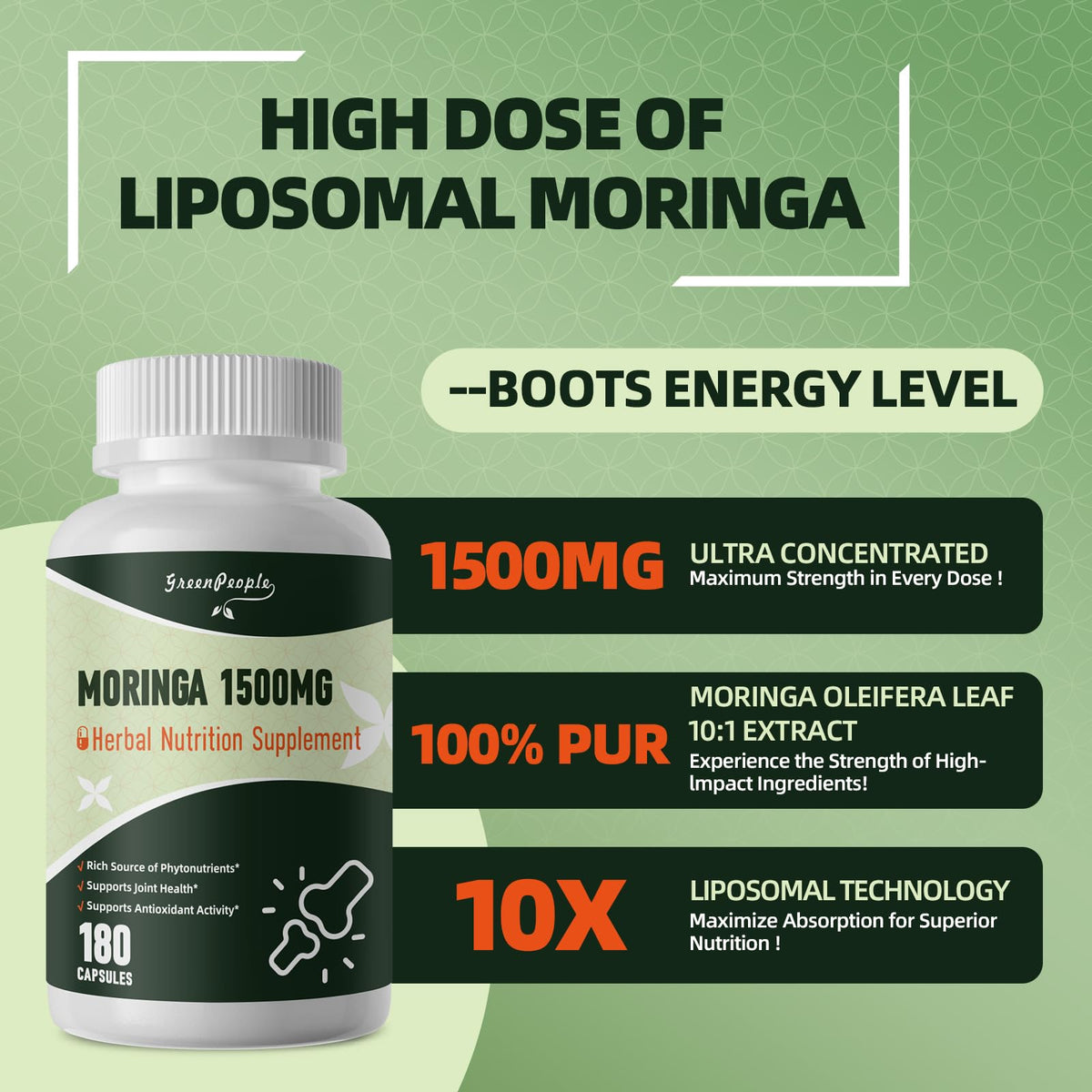 GREENPEOPLE Whole-Leaf Moringa Capsules 1500mg - High Potency 10:1 Moringa Oleifera Leaf Extract - Natural Green Superfood for Energy & Immune Support - FENGGESTORE20