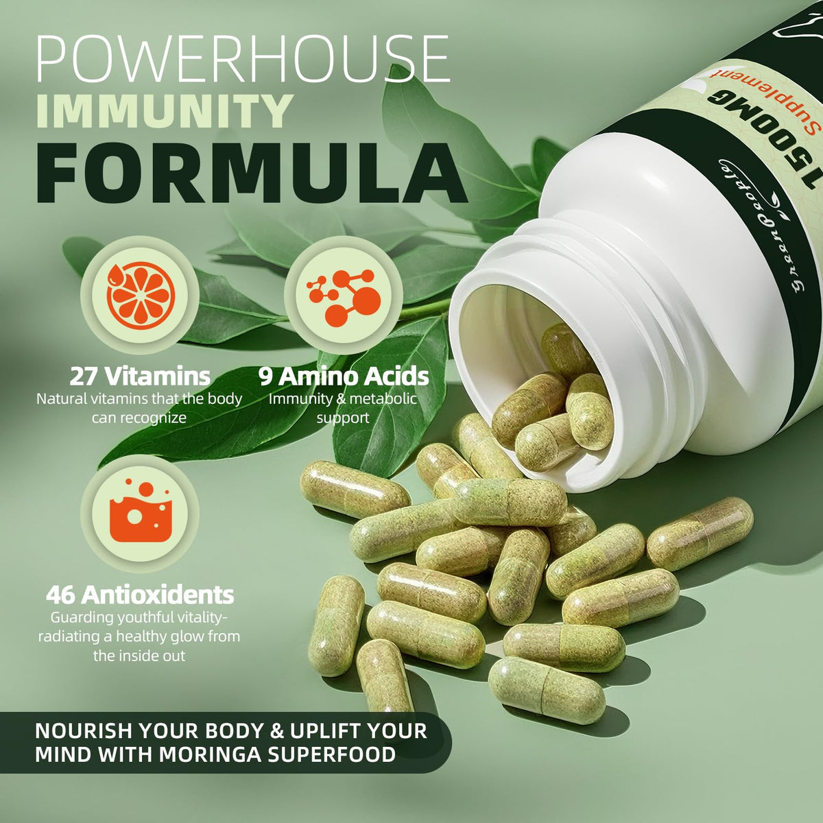 GREENPEOPLE Whole-Leaf Moringa Capsules 1500mg - High Potency 10:1 Moringa Oleifera Leaf Extract - Natural Green Superfood for Energy & Immune Support - FENGGESTORE20