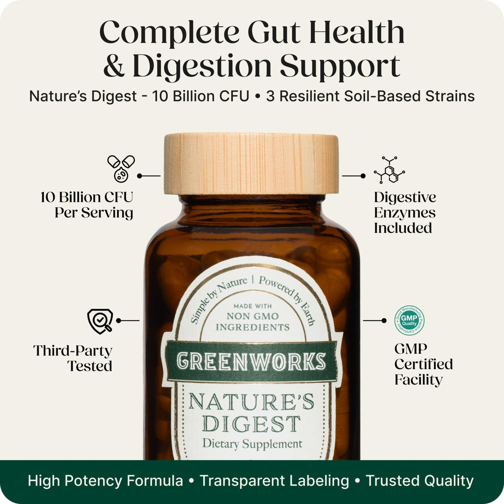 Greenworks Nature's Digest 10 Billion CFU Probiotic for Adults | Daily Gut Health Supplement with Saccharomyces Boulardii, Psyllium Husk, Bromelain, - FENGGESTORE20