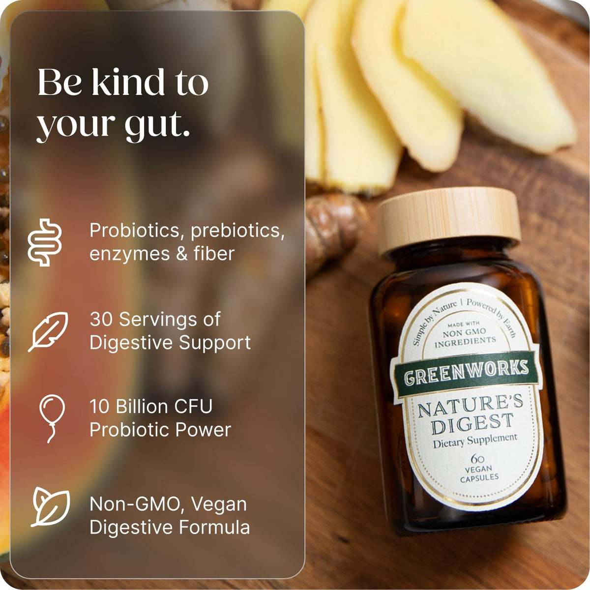 Greenworks Nature's Digest 10 Billion CFU Probiotic for Adults | Daily Gut Health Supplement with Saccharomyces Boulardii, Psyllium Husk, Bromelain, - FENGGESTORE20