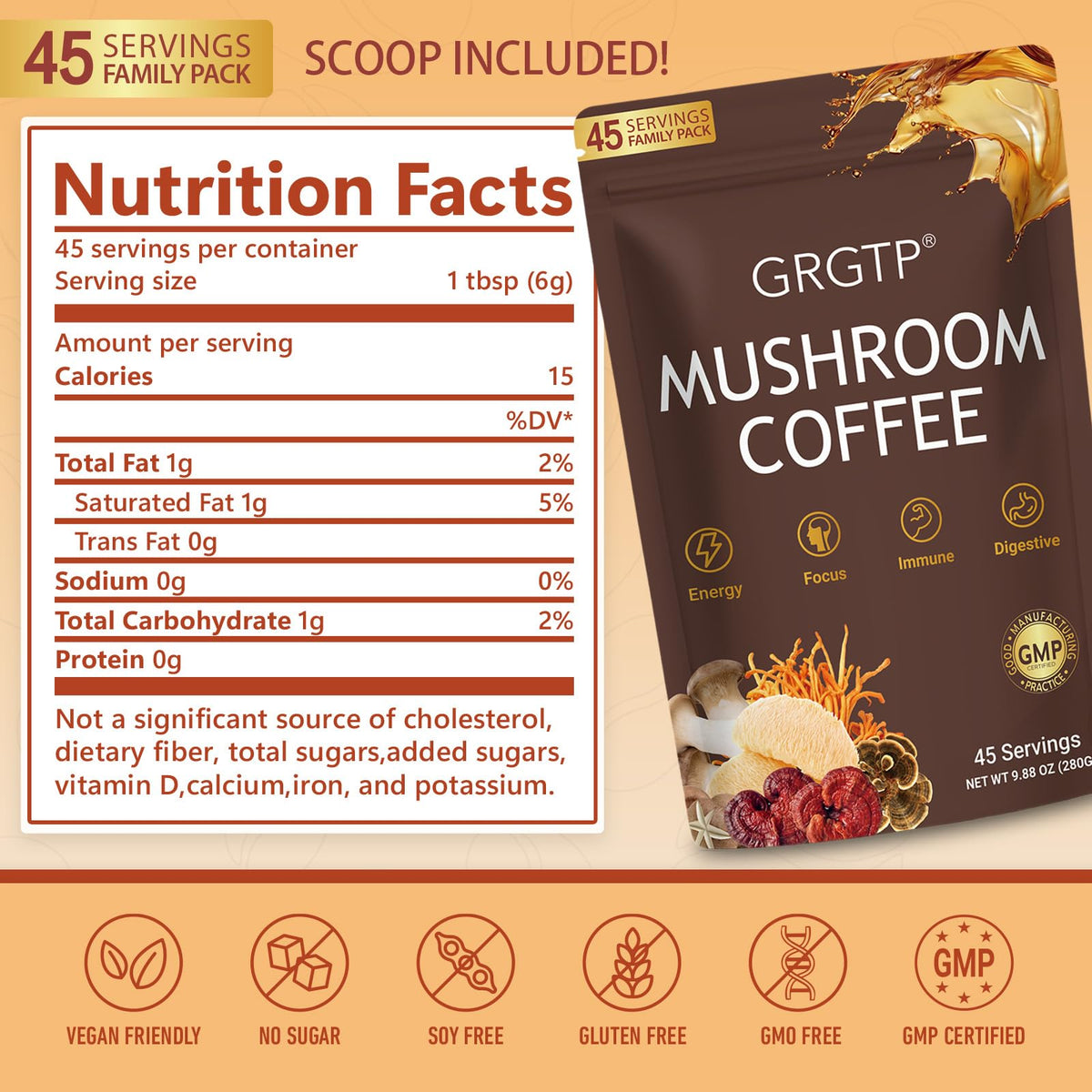 GRGTP Mushroom Coffee - Superfood Blend with 6 Adaptogens (Cordyceps, Lion's Mane, Reishi Other) | Jitter-Free Energy, Enhanced Focus, Digestion & Immunity Support | - FENGGESTORE20