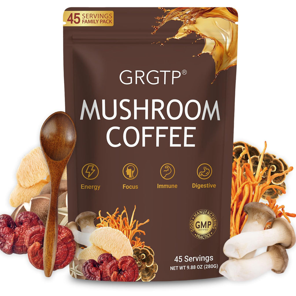GRGTP Mushroom Coffee - Superfood Blend with 6 Adaptogens (Cordyceps, Lion's Mane, Reishi Other) | Jitter-Free Energy, Enhanced Focus, Digestion & Immunity Support | - FENGGESTORE20
