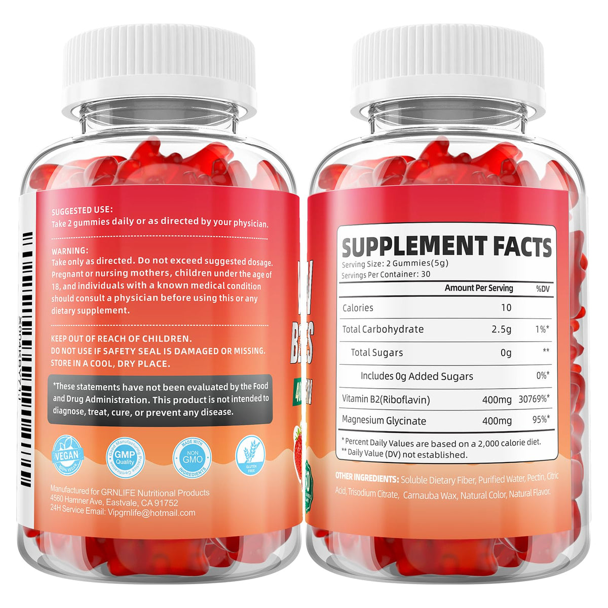 GrnLife 2 Pack Vitamin B2 Gummies, Riboflavin 400mg with Magnesium for Kids & Adults, Migraine Relief & Energy Support - FENGGESTORE20