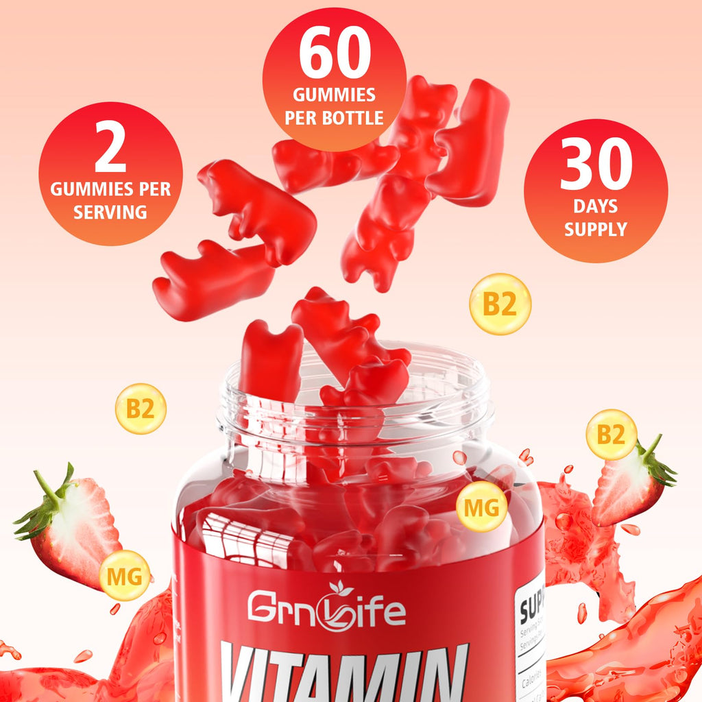 GrnLife 2 Pack Vitamin B2 Gummies, Riboflavin 400mg with Magnesium for Kids & Adults, Migraine Relief & Energy Support - FENGGESTORE20