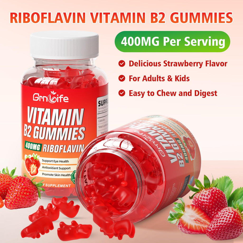 GrnLife 2 Pack Vitamin B2 Gummies, Riboflavin 400mg with Magnesium for Kids & Adults, Migraine Relief & Energy Support - FENGGESTORE20